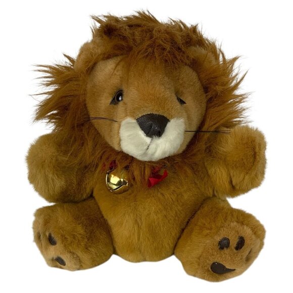 Vintage Playful Pals Puppet Plush Lion Brown Stuffed Toy Red Bow Bell 1990s - Picture 1 of 7